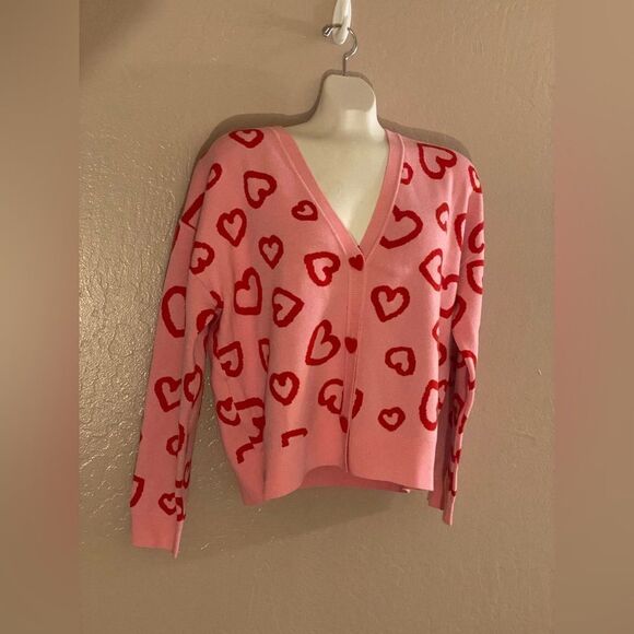 Target Women's Valentine's Day Graphic Cardigan Pink Red Button Up V-neck Sz L - Picture 5 of 6